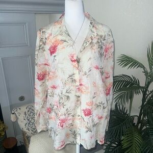 J. Jill Cotton Silk Cream Floral Button-Down Shirt with Pink Accents L
